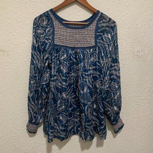 BCBGMaxAzria Women's Blue Silk Embroidered Long Sleeve Blouse Size XS NWT